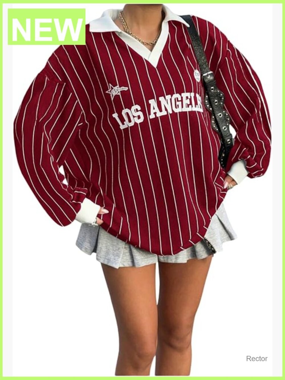 Striped Letter Print V Neck Long Sleeve Loose T Shirt